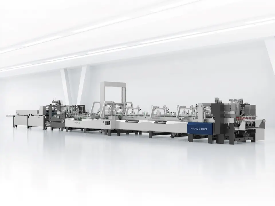 Perspective view from Omega Alius folder gluer from Koenig & Bauer Duran