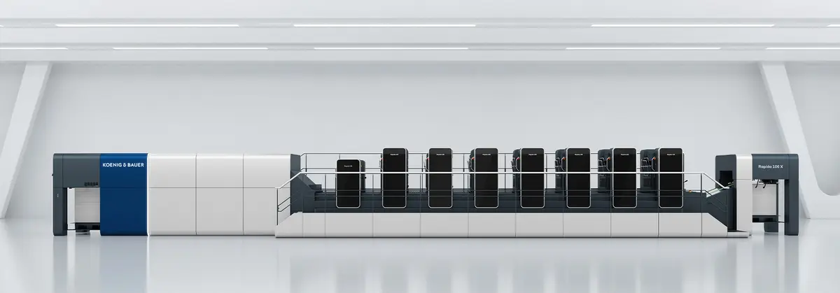 Rapida 106 X – Medium Format Offset Printing Press – Koenig & Bauer Sheetfed Side view of the Rapida 106 X medium-format offset printing press from Koenig & Bauer Sheetfed