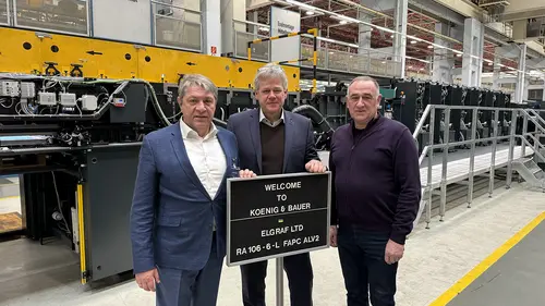 Igor Levin, Head of Board of Directors Elgraf, Michael König, Senior Sales Manager Koenig & Bauer, und Volodymyr Boitsun, Marketing Director Elgraf