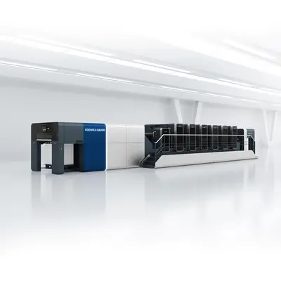 Perspective shot of the Rapida 106 X medium-format offset printing press from Koenig & Bauer Sheetfed