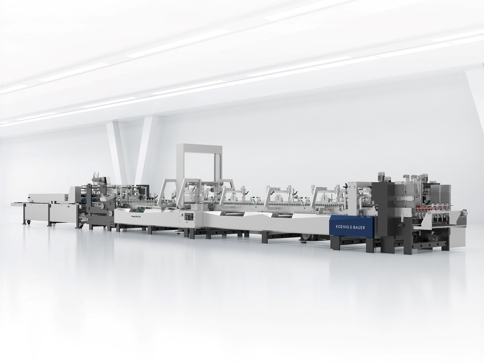 Perspective view from Omega Alius folder gluer from Koenig & Bauer Duran